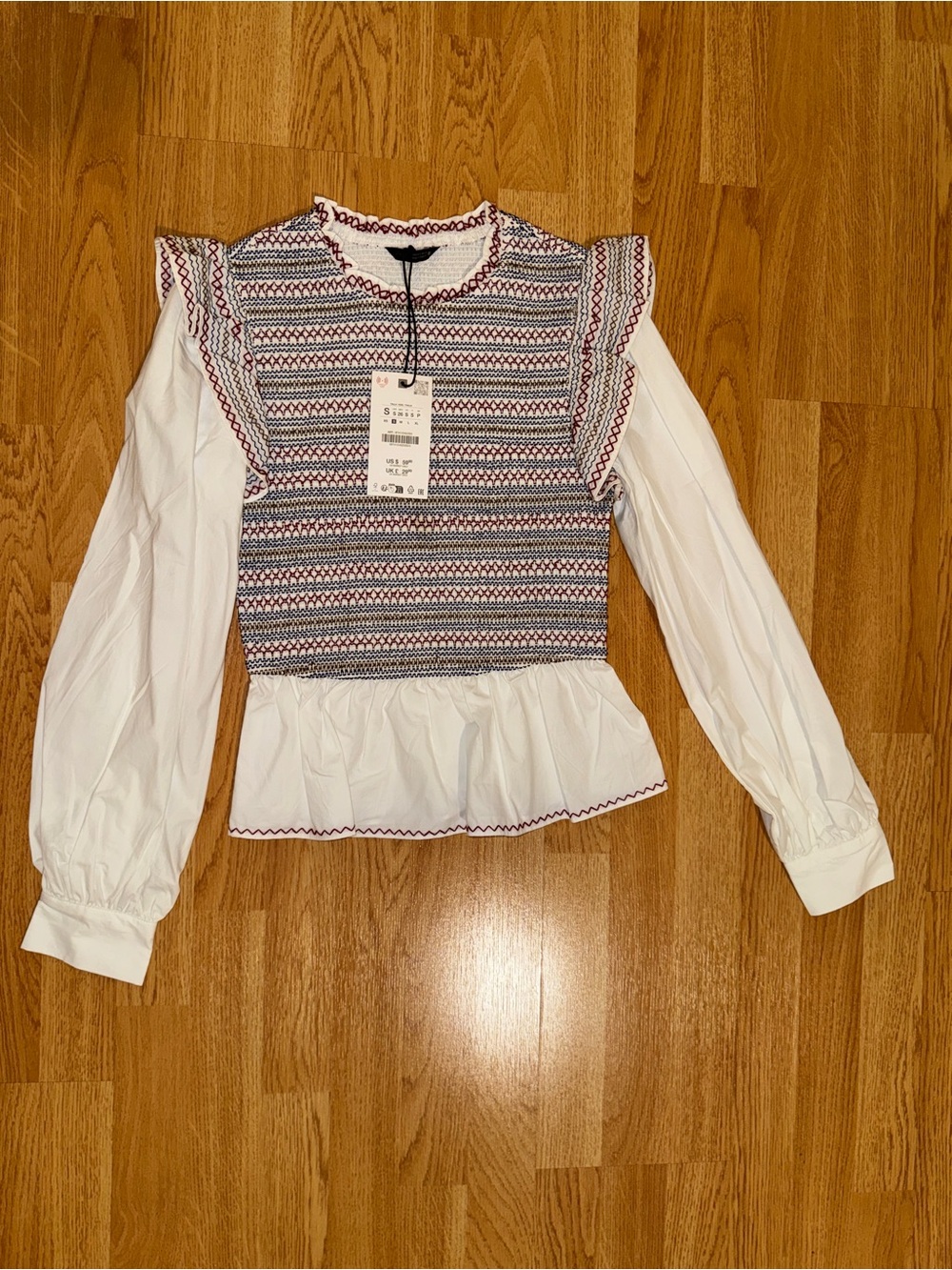 NWT Zara Smocked Poplin Combination Top Blouse White & Blue- Small